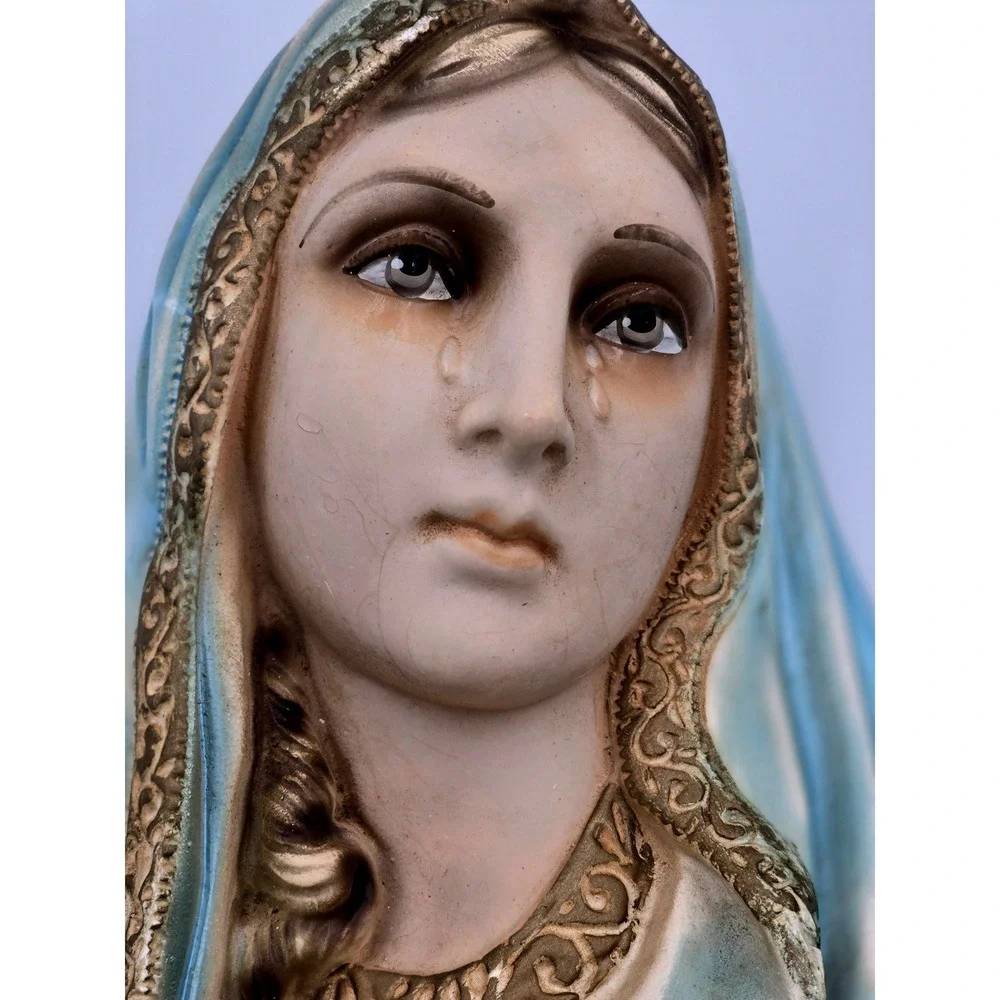 Vintage 1960's Chalkware Virgin Mary Weeping Wall Plaque Our Lady of Sorrows